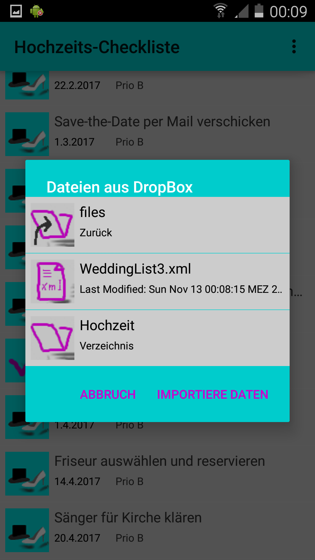 Wedding Checklist: Importiere die Aufgabenliste